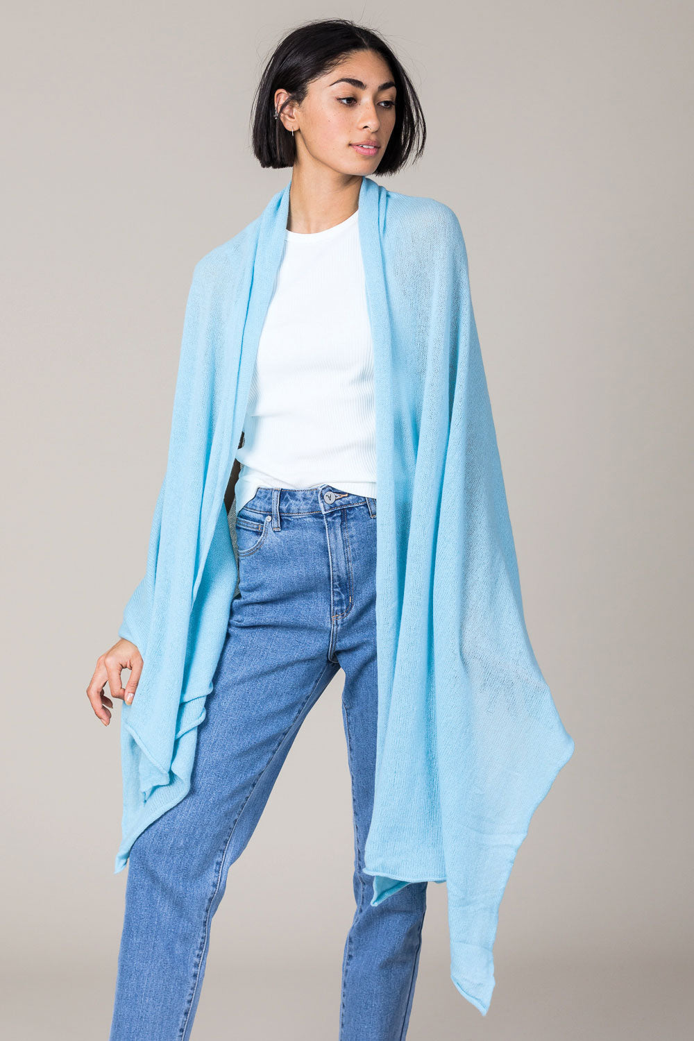 Cashmere Raw Edge Travel Wrap in Paradise Blue
