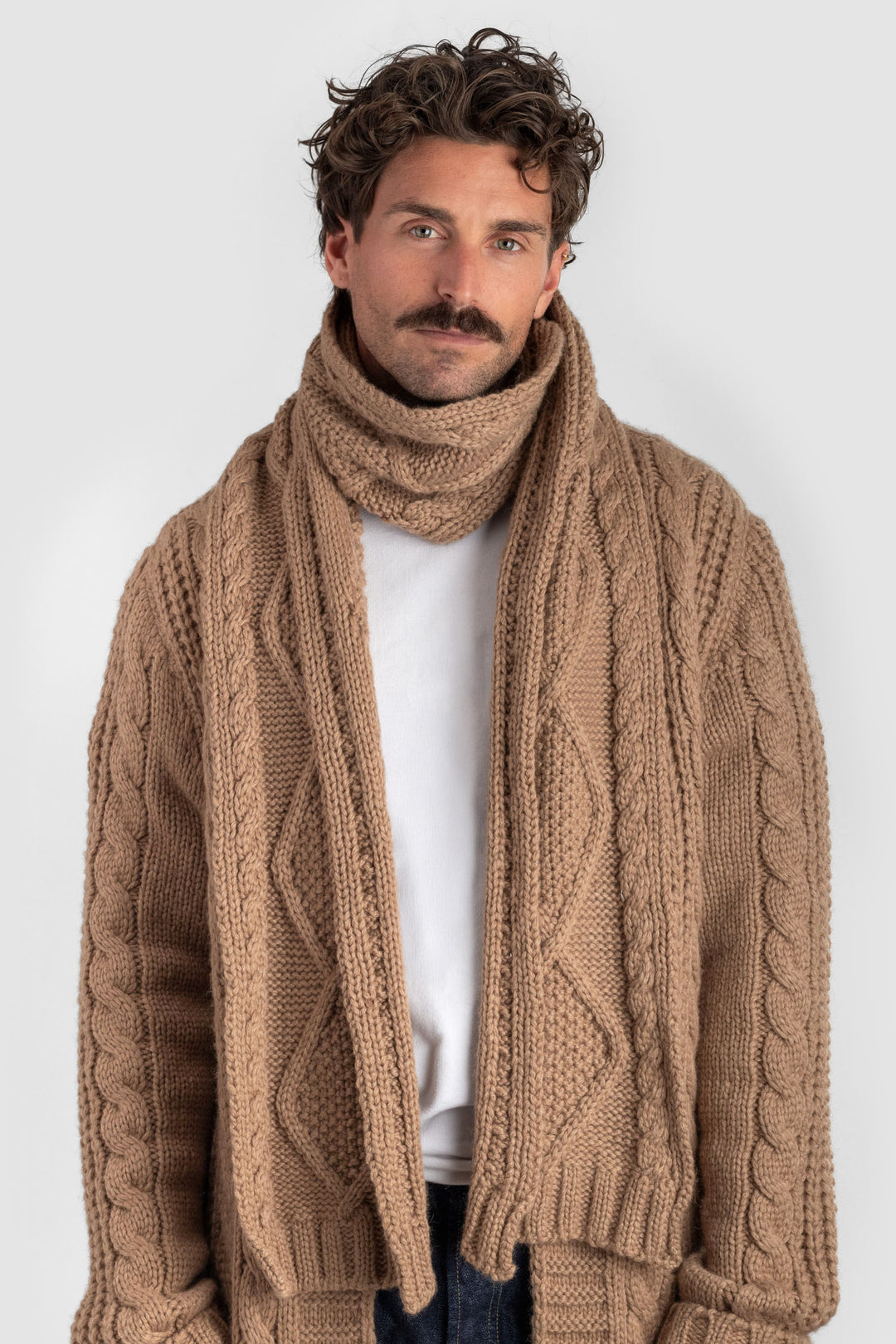 Chunky Camel Aran Cable Scarf