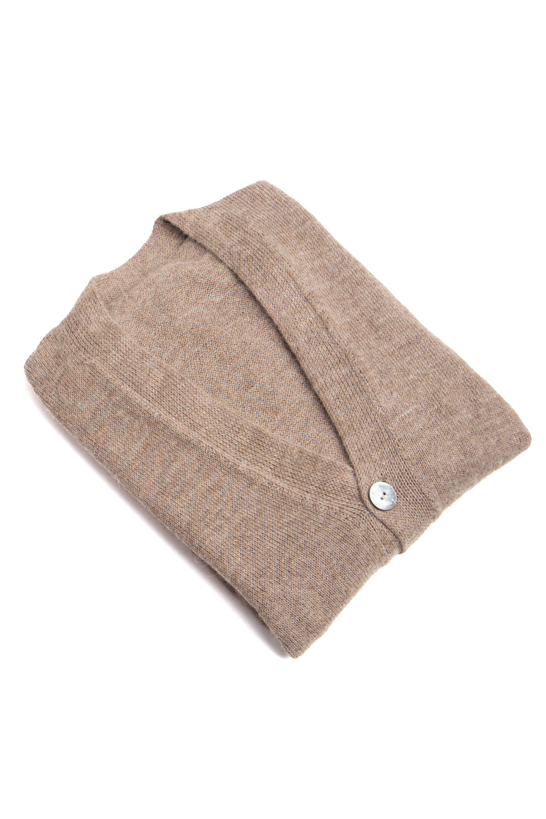 Folded brown sweater with a button on a white background #colour_fawn