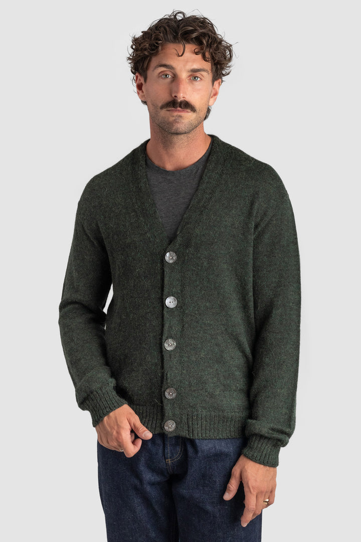 Man wearing a dark green cardigan with buttons on a light gray background #colour_pine