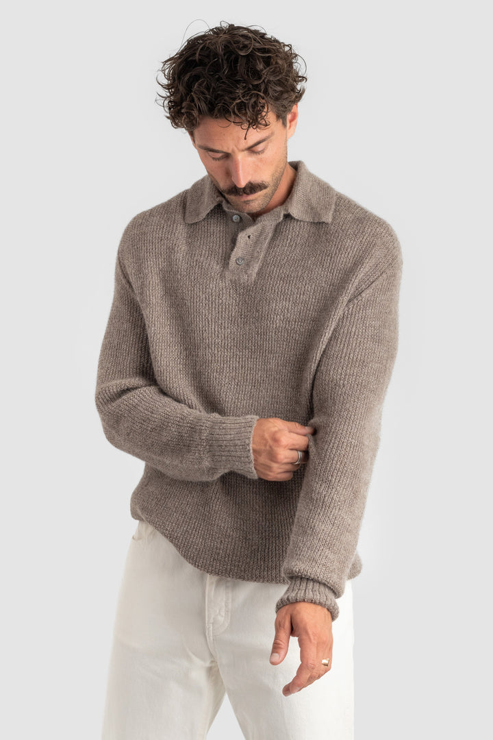 Man wearing a brown sweater with a collar on a white background #colour_fawn