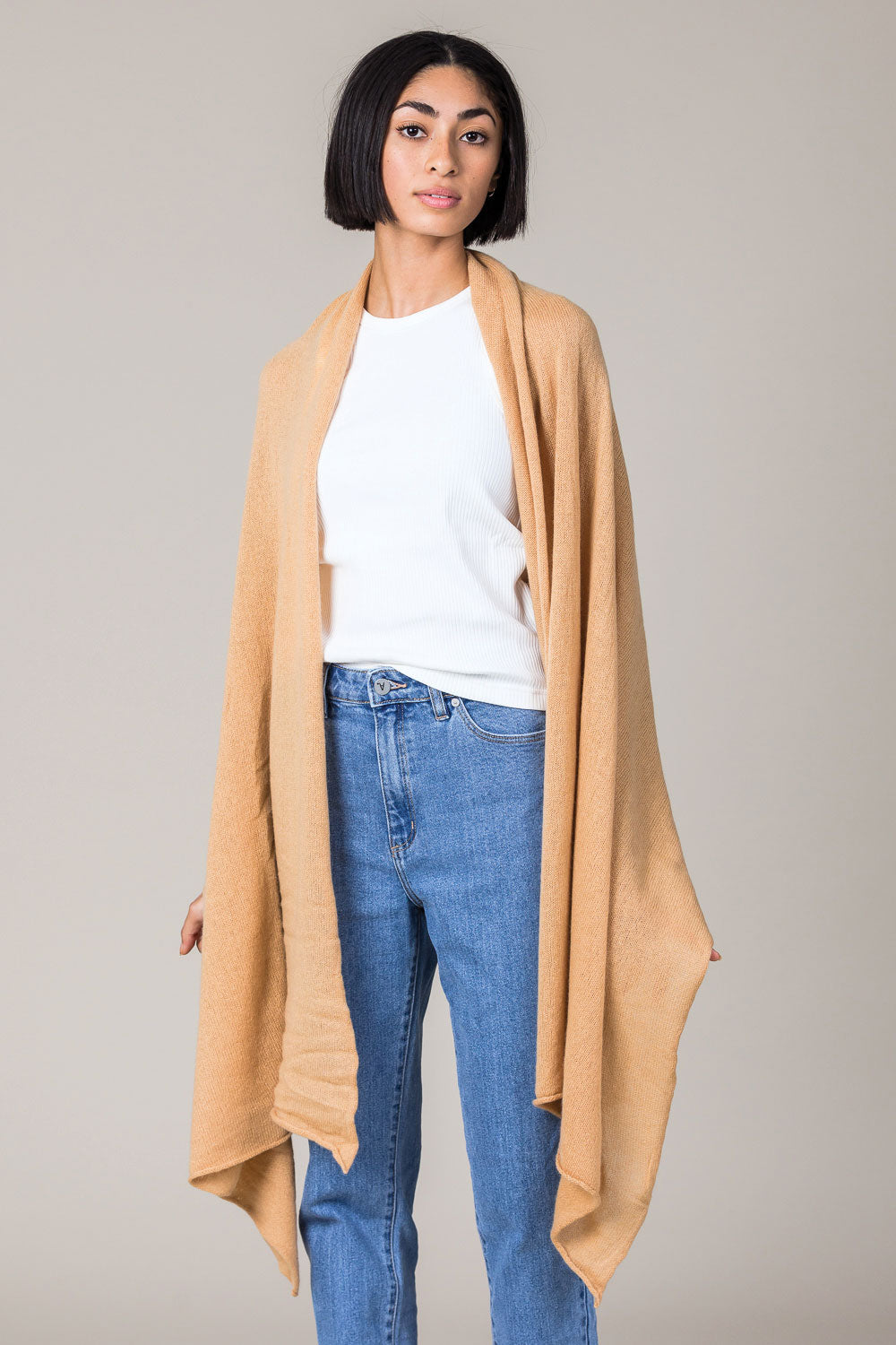 Cashmere Raw Edge Travel Wrap in Camel