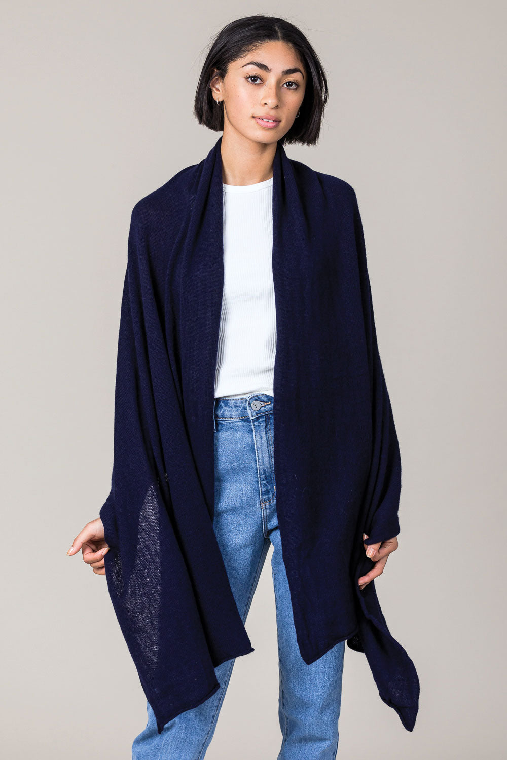 Cashmere Raw Edge Travel Wrap in Navy Blue