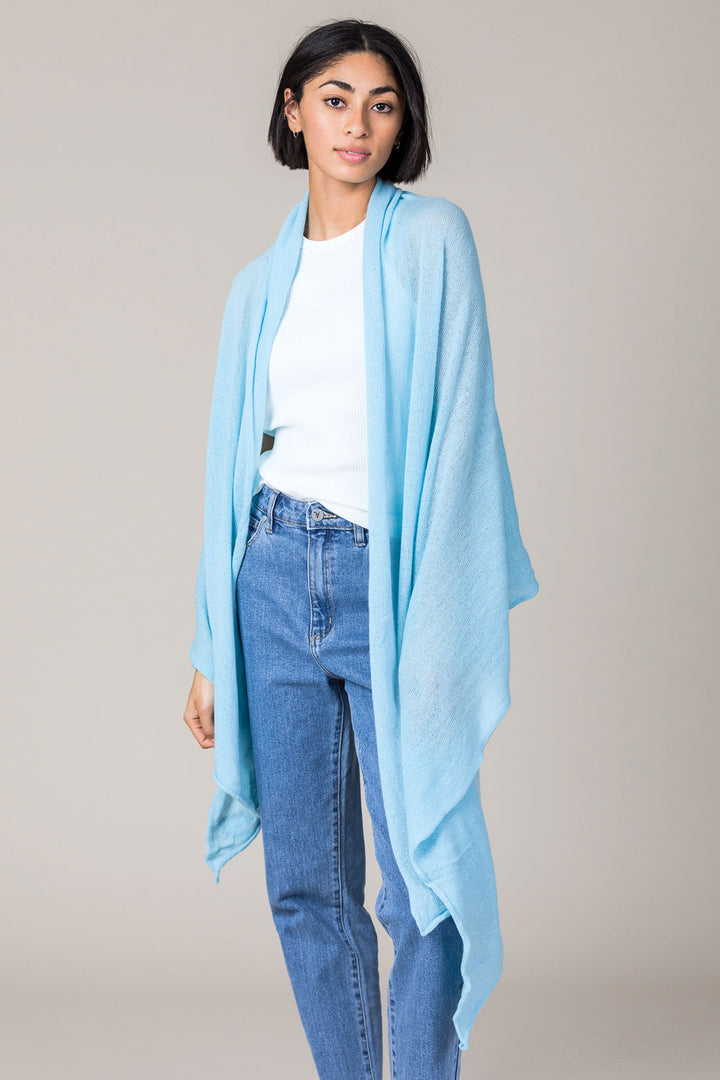 Cashmere Raw Edge Travel Wrap in Paradise Blue